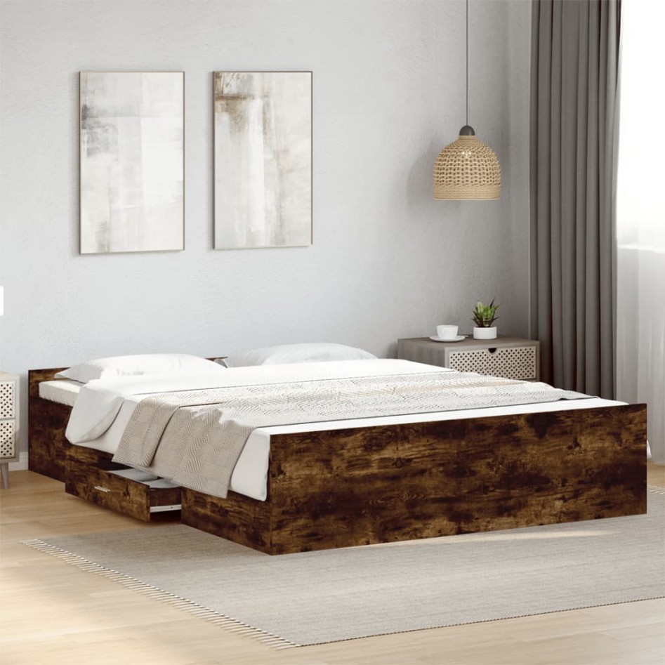 Cama con cajones madera de ingeniería roble ahumado 150x200