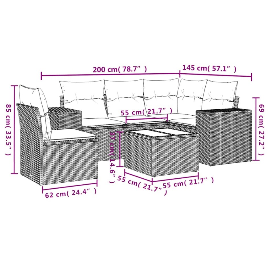 Set de sofás de jardín 6 pzas y cojines ratán sintético