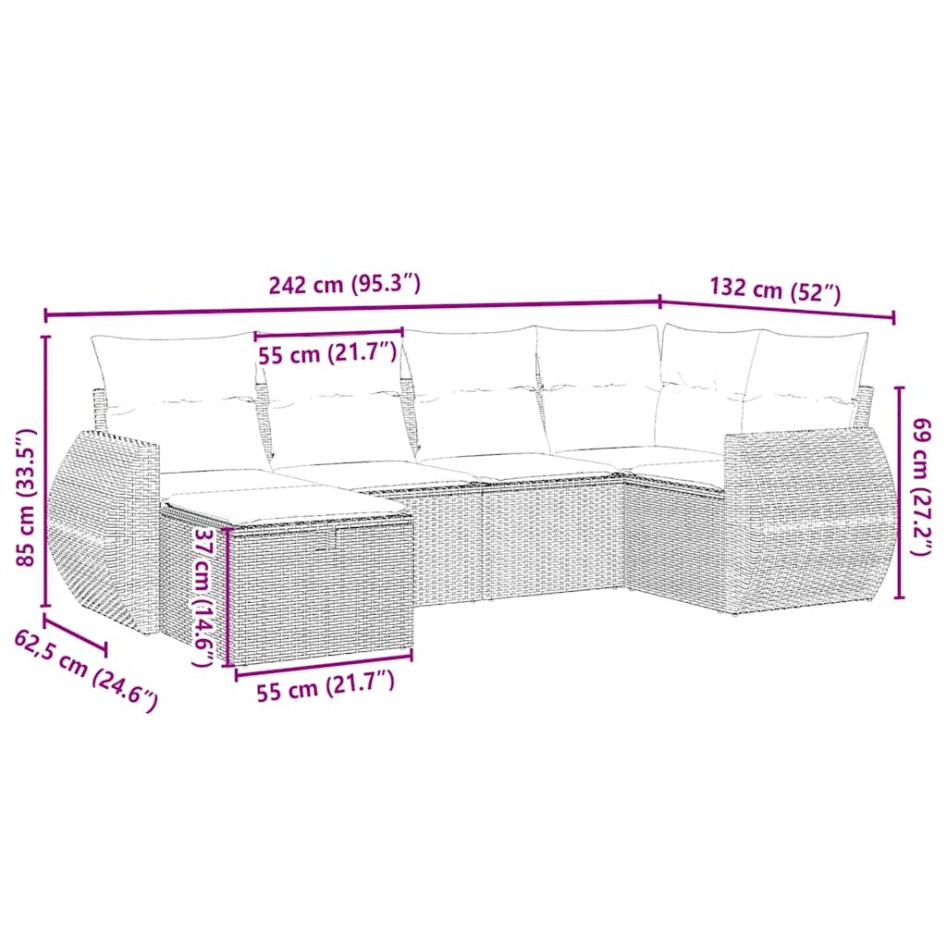 Set de sofás de jardín 6 pzas y cojines ratán sintético