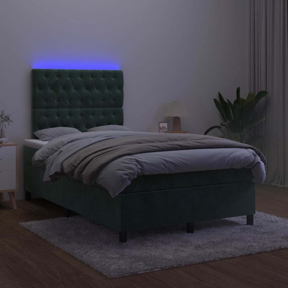 Cama box spring colchón y LED terciopelo verde oscuro