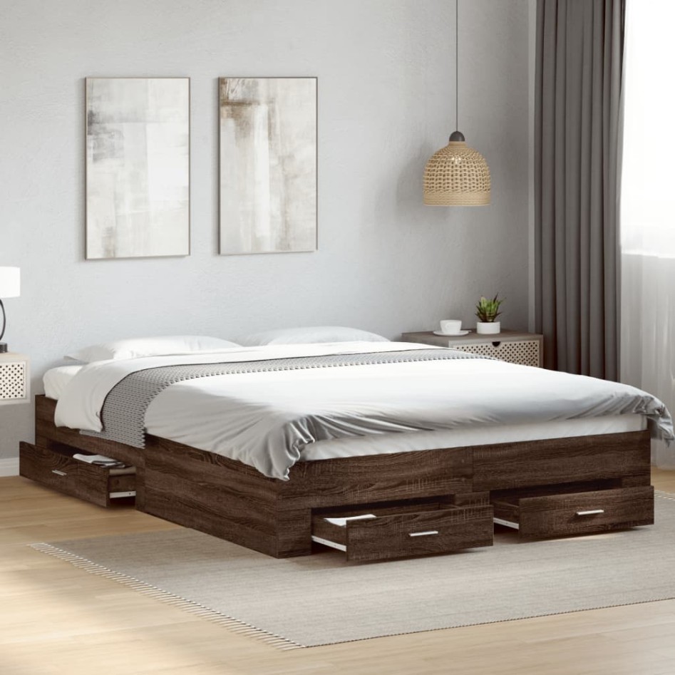 Cama con cajones madera ingeniería marrón roble 160x200
