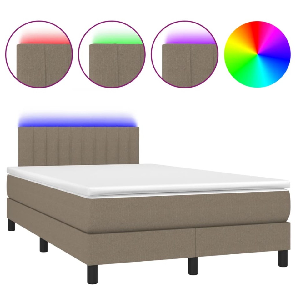 Cama box spring con colchón y LED tela gris taupe 120x190