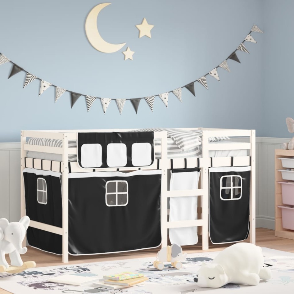 Cama alta niños con cortinas madera pino blanco negro 80x200
