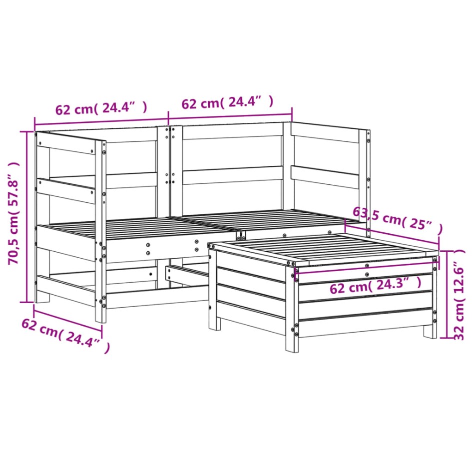 Juego de sofás de jardín 3 piezas madera maciza de