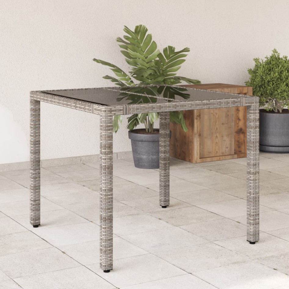 Mesa de jardín superficie de vidrio ratán PE gris 90x90x75