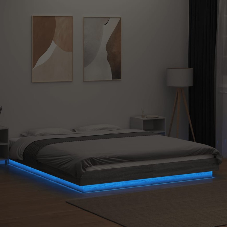 Estructura cama con luces LED madera gris Sonoma 150x200