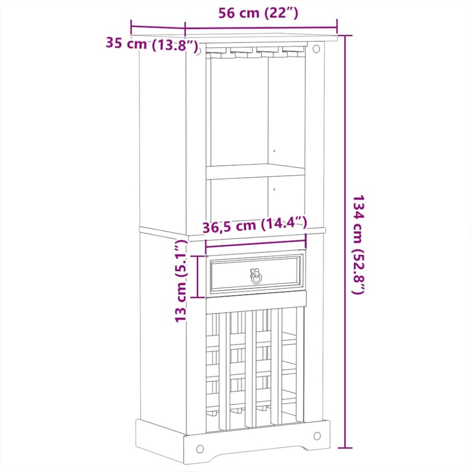 Mueble botellero Corona madera maciza de pino 56x35x134,5