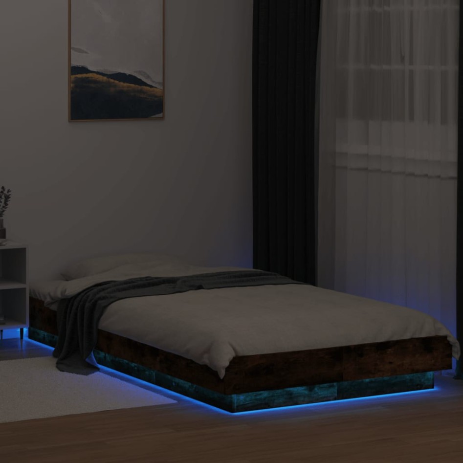 Estructura cama con luces LED madera roble ahumado 75x190