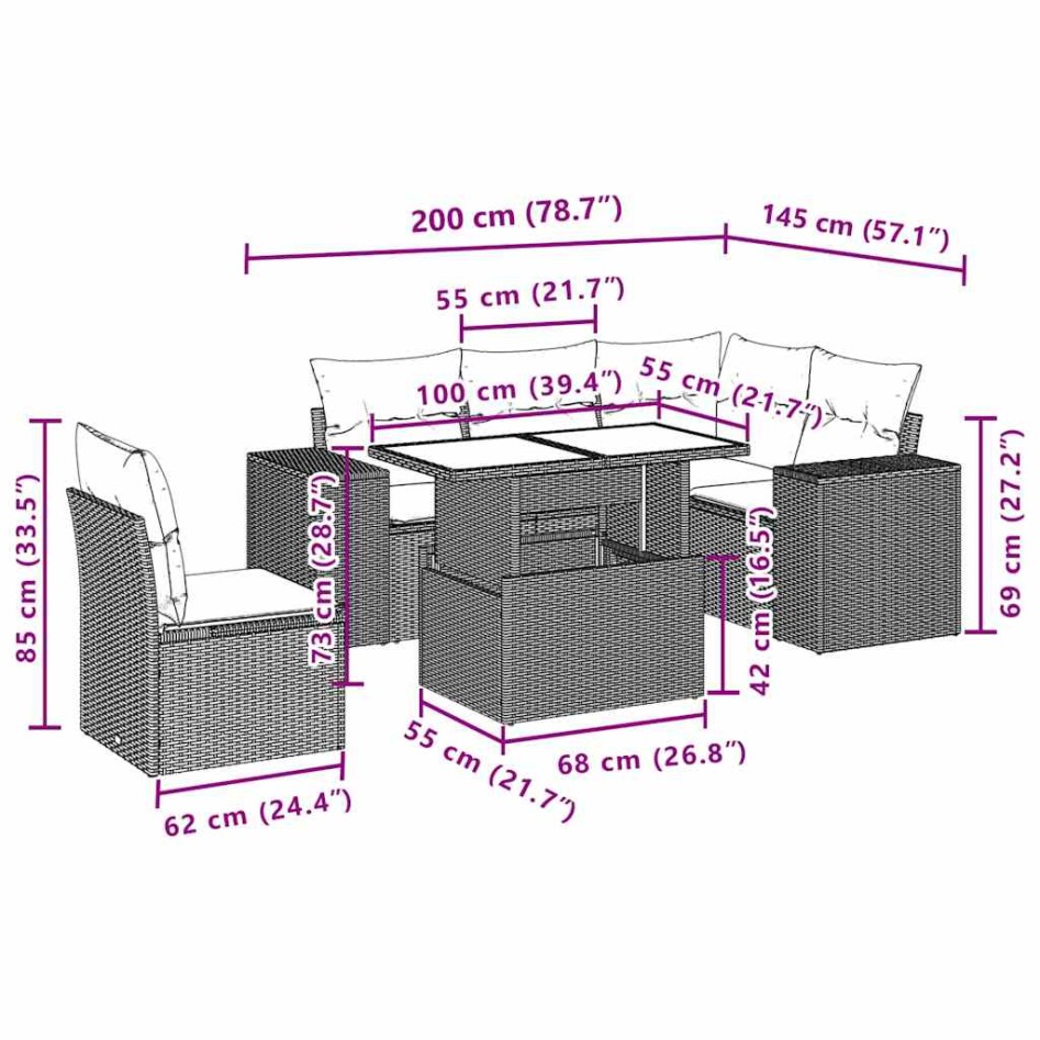Set de sofás de jardín 6 piezas y cojines ratán sintético
