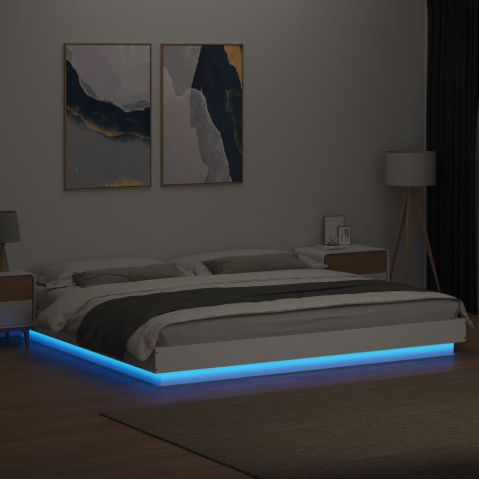Estructura de cama con LED madera ingeniería blanco 180x200