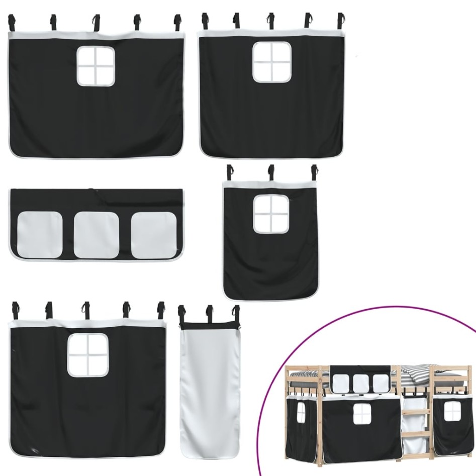 Litera con cortinas madera maciza pino blanco y negro 80x200