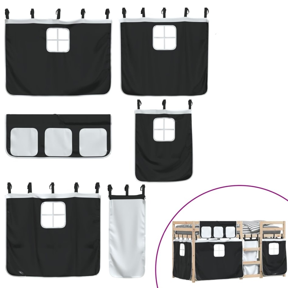 Litera con cortinas madera maciza pino blanco y negro 90x190