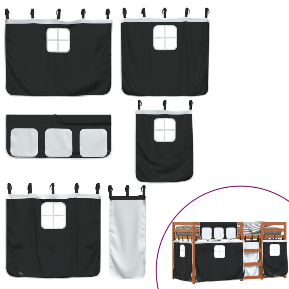 Litera con cortinas madera maciza pino blanco y negro 90x190