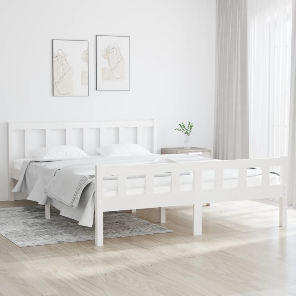 Estructura de cama madera maciza blanca King Size 150x200