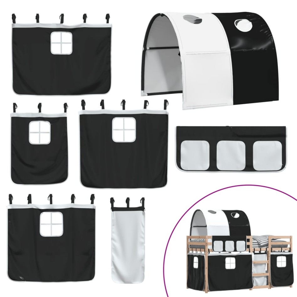 Litera con cortinas madera maciza pino blanco y negro 90x190