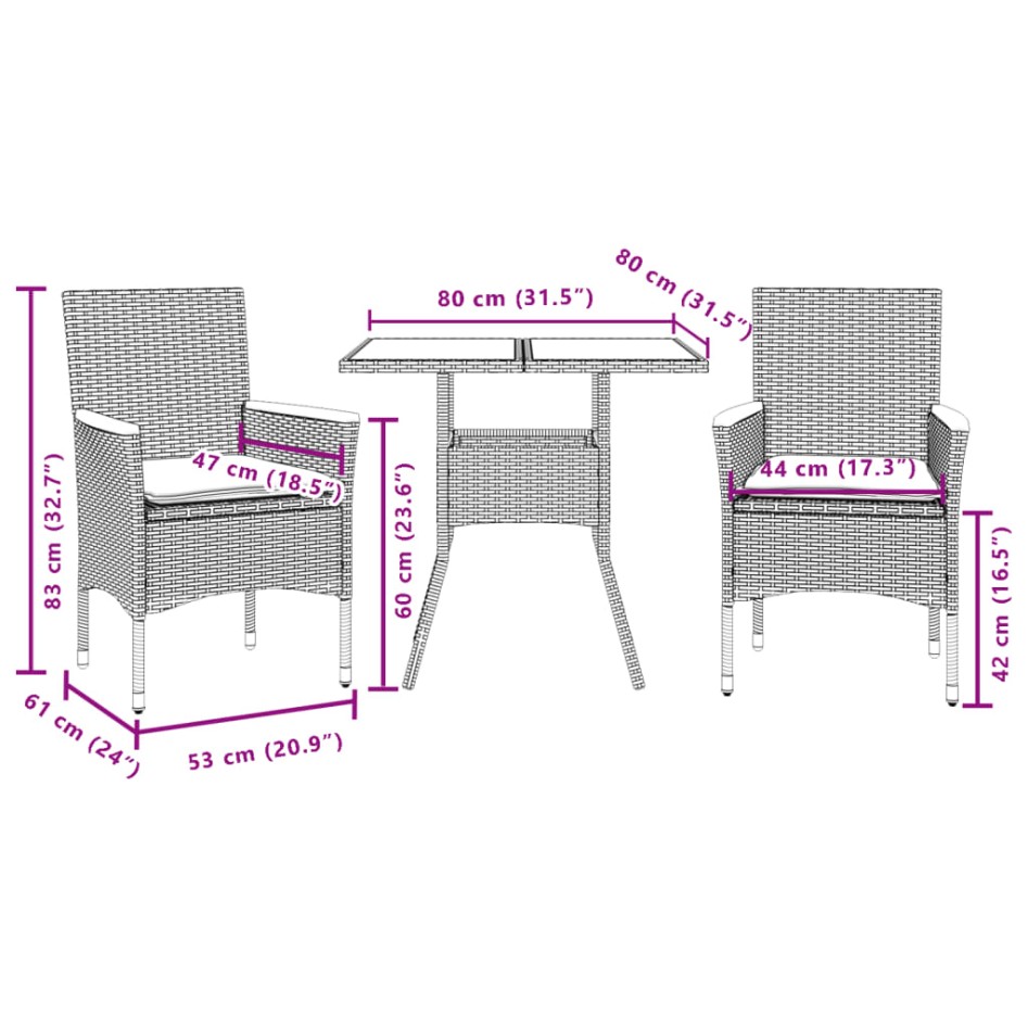 Set comedor jardín 3 pzas cojines ratán sintético vidrio
