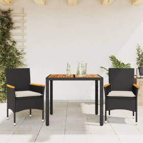Set de comedor jardín 3 pzas con cojines ratán PE acacia