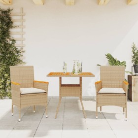 Set de comedor jardín 3 pzas con cojines ratán PE acacia