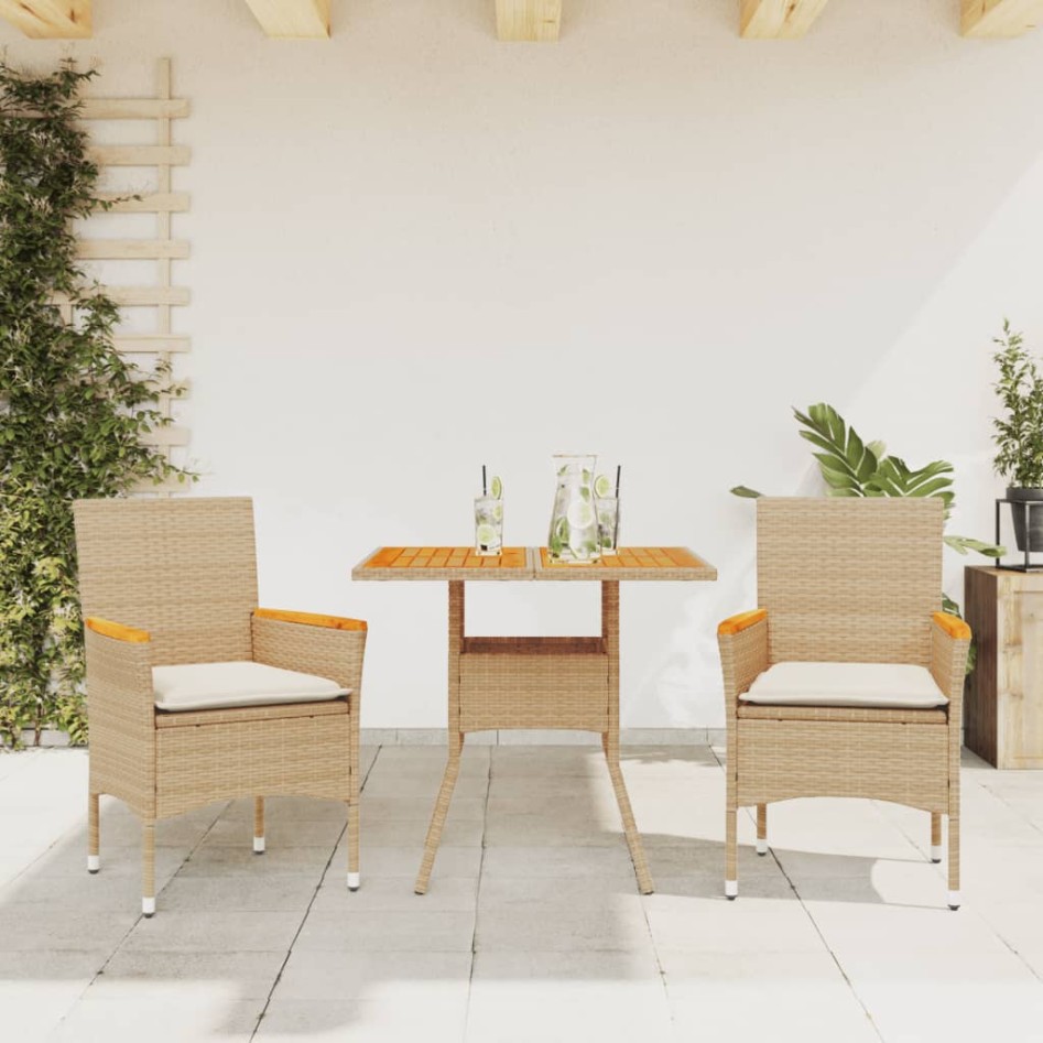 Set de comedor jardín 3 pzas con cojines ratán PE acacia
