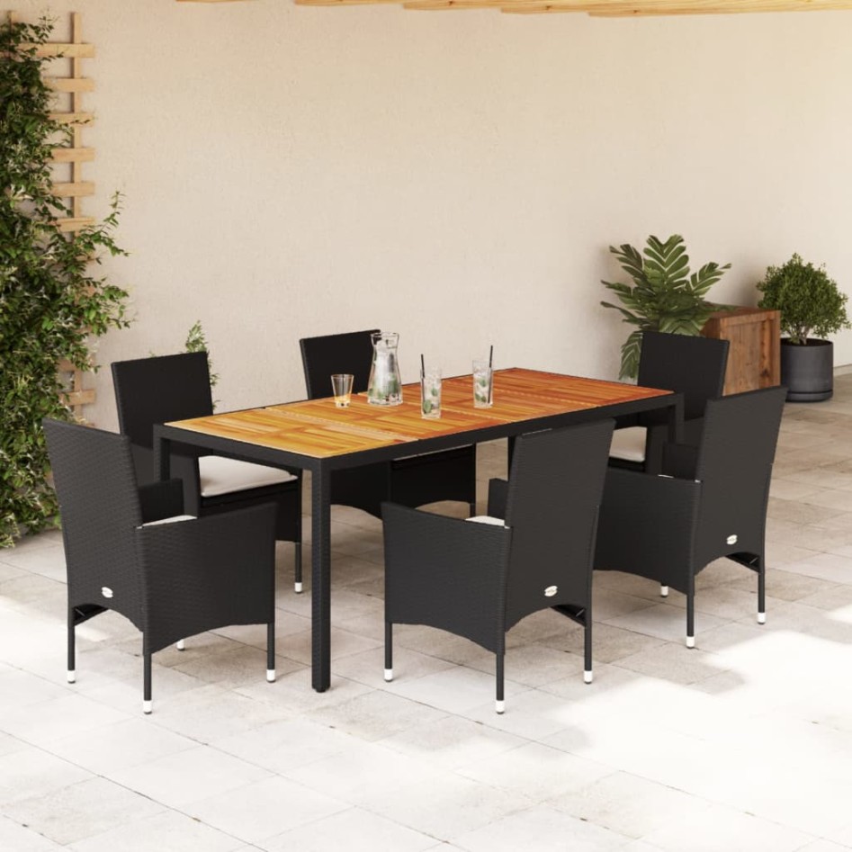 Set de comedor jardín 7 pzas con cojines ratán PE acacia