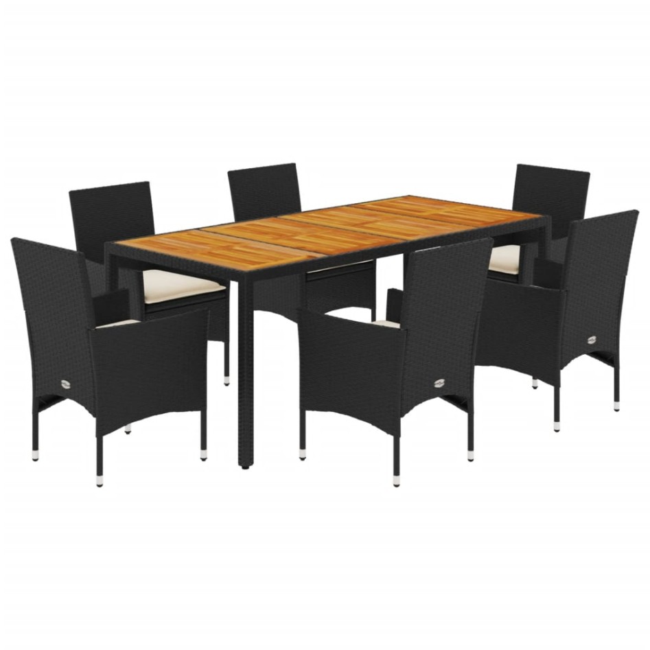 Set de comedor jardín 7 pzas con cojines ratán PE acacia