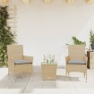 Mesita y sillas con cojines 3 pzas ratán sintético vidrio beige