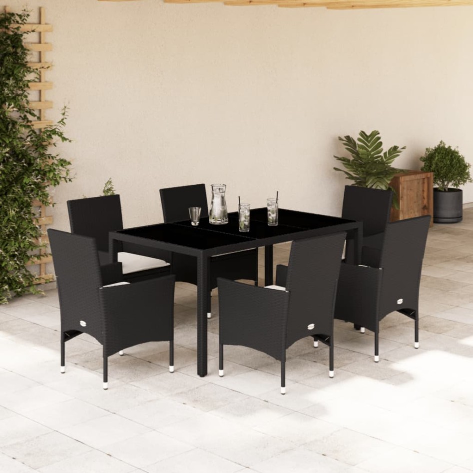 Set comedor jardín 7 pzas cojines ratán sintético vidrio