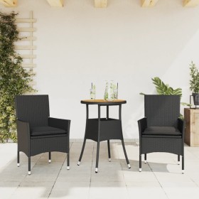 Set de comedor jardín 3 pzas con cojines ratán PE acacia