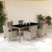 Set de comedor jardín 7 piezas y cojines ratán PE y vidrio gris