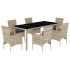 Set de comedor jardín 7 piezas y cojines ratán PE y vidrio