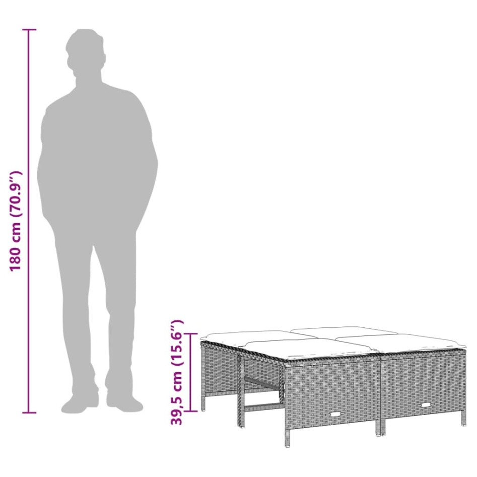 Taburetes de jardín con cojines 4 uds ratán PE gris