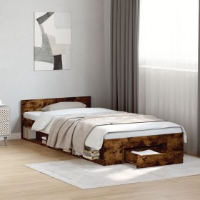 Cama con cajón madera de ingeniería roble ahumado 100x200
