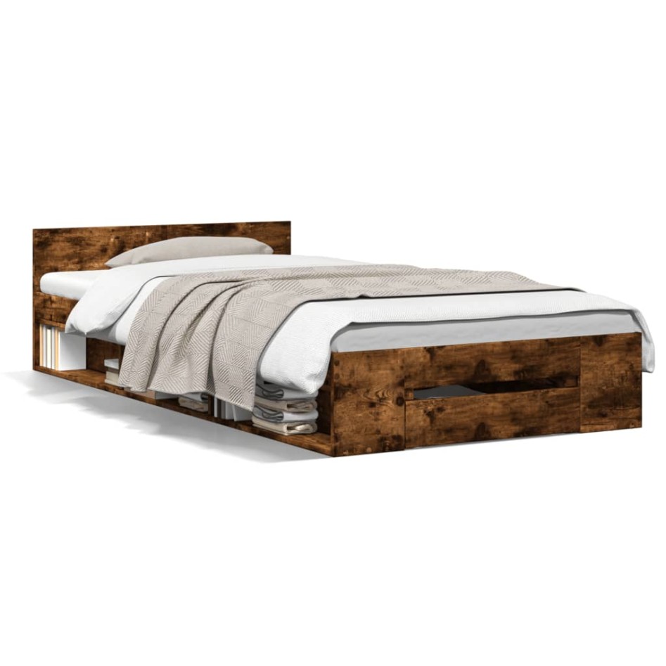 Cama con cajón madera de ingeniería roble ahumado 100x200