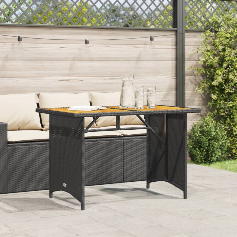 Mesa de jardín superficie de madera ratán PE negro 110x68x70