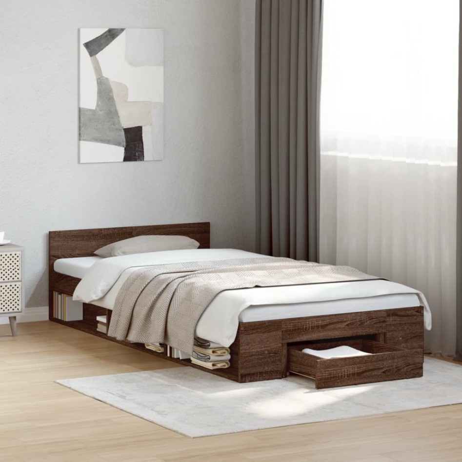 Cama con cajón madera de ingeniería marrón roble 90x190