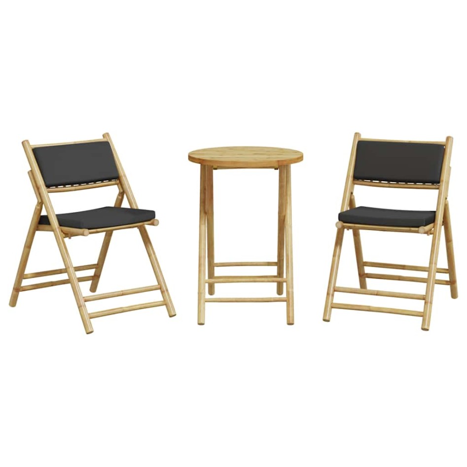 Juego bistró plegable de bambú 3 pzas con cojines gris