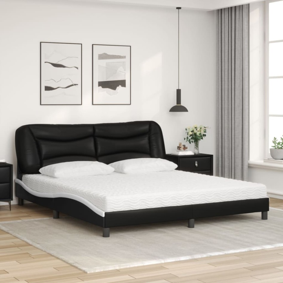 Cama con colchón cuero sintético negro y blanco 180x200