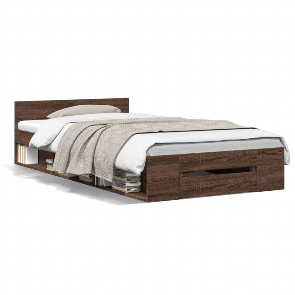 Cama con cajón madera de ingeniería marrón roble 75x190