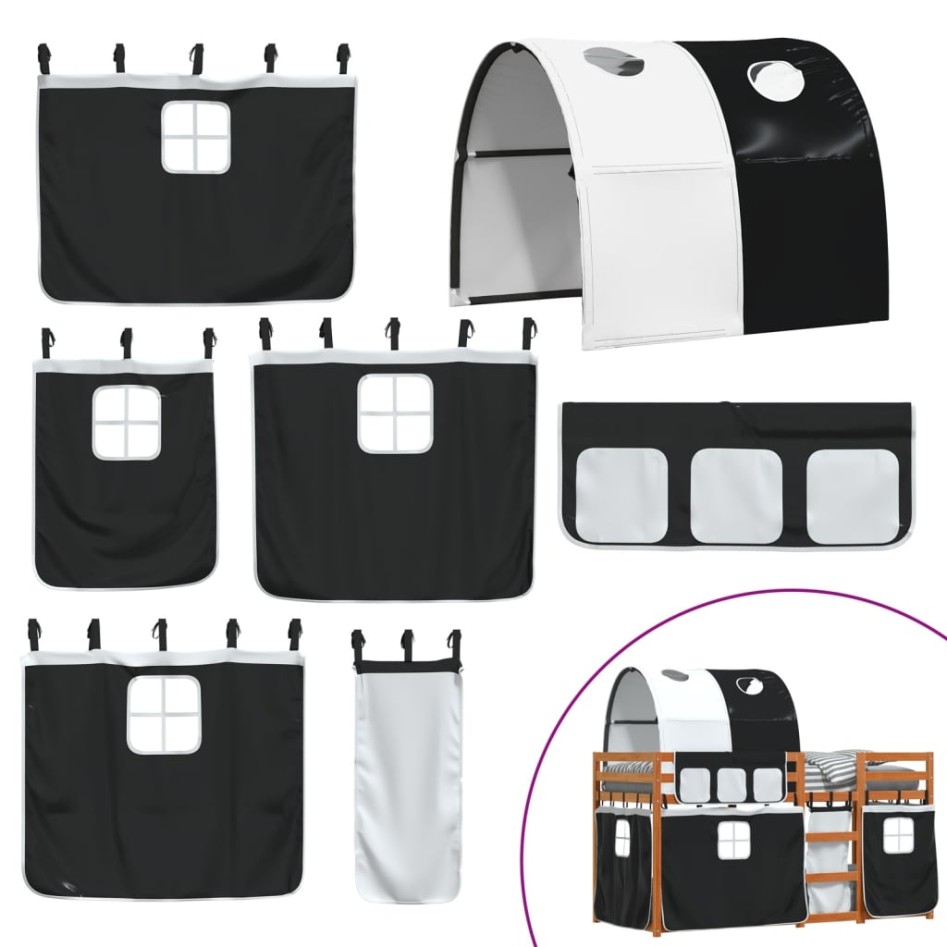 Litera con cortinas madera maciza pino blanco y negro 90x200