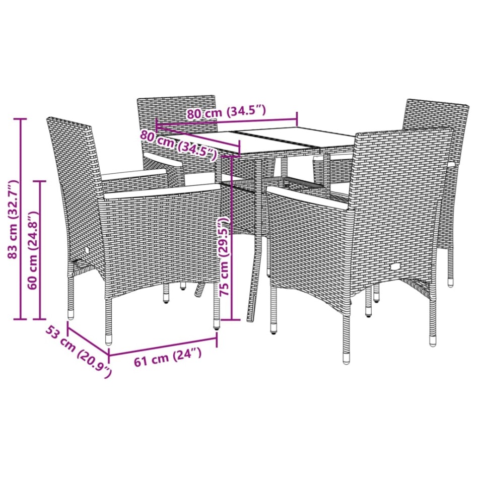 Set comedor jardín 5 pzas cojines ratán sintético vidrio