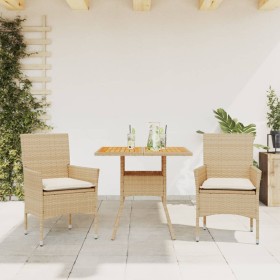 Set de comedor jardín 3 pzas con cojines ratán PE acacia