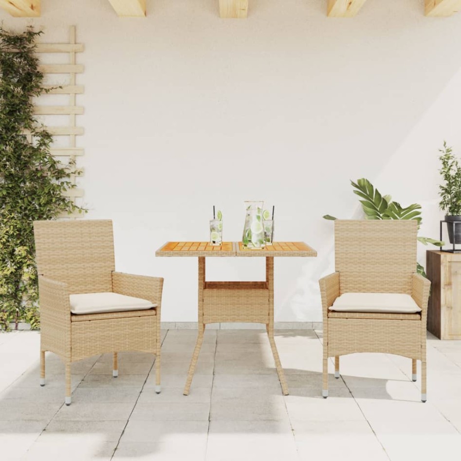 Set de comedor jardín 3 pzas con cojines ratán PE acacia