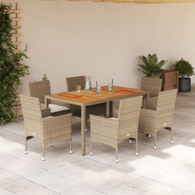 Set de comedor jardín 7 pzas con cojines ratán PE acacia