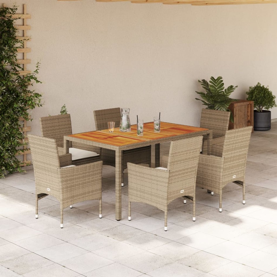 Set de comedor jardín 7 pzas con cojines ratán PE acacia