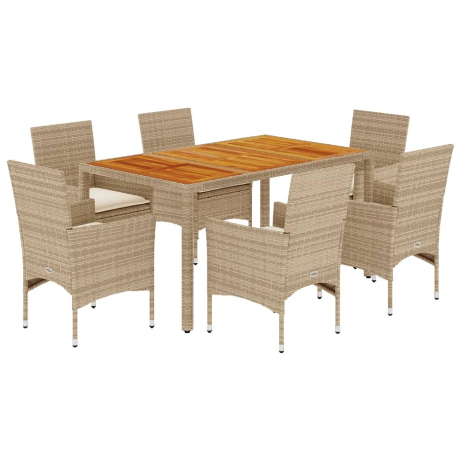 Set de comedor jardín 7 pzas con cojines ratán PE acacia