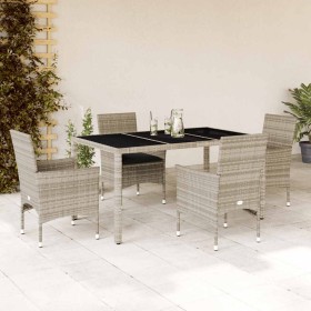 Set comedor jardín 5 pzas y cojines ratán PE vidrio gris