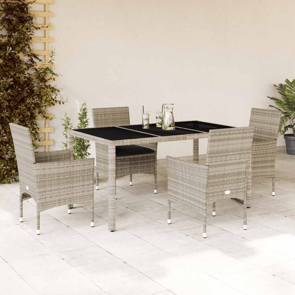 Set comedor jardín 5 pzas y cojines ratán PE vidrio gris