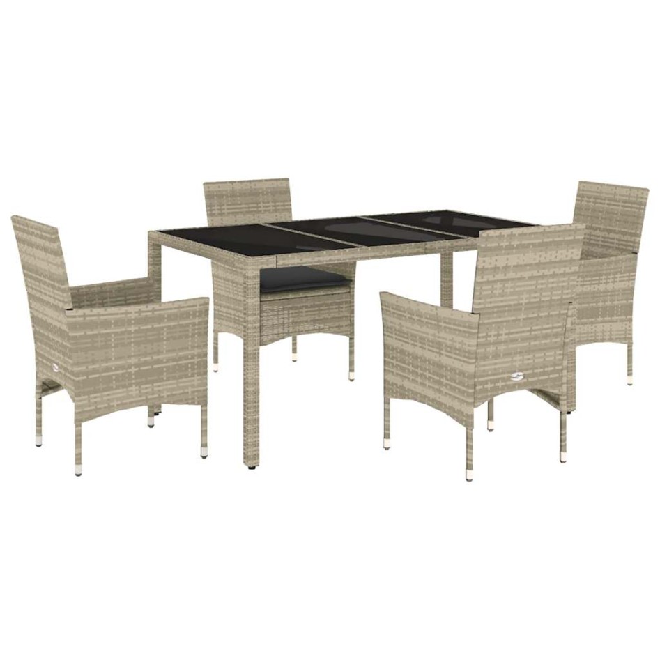 Set comedor jardín 5 pzas y cojines ratán PE vidrio gris