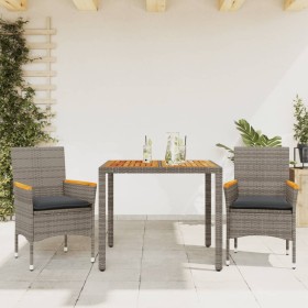 Set de comedor jardín 3 pzas con cojines ratán PE acacia