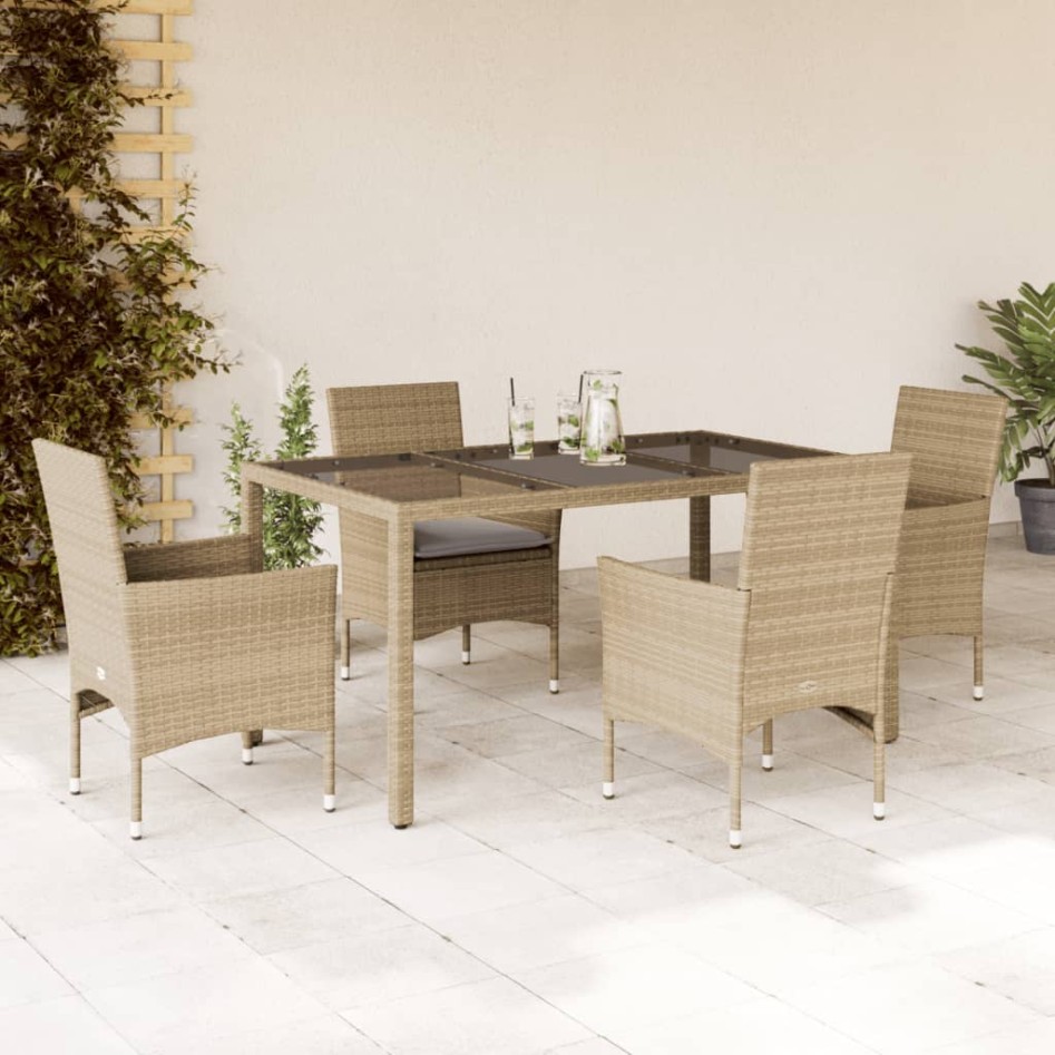 Set comedor jardín 5 pzas cojines ratán sintético vidrio